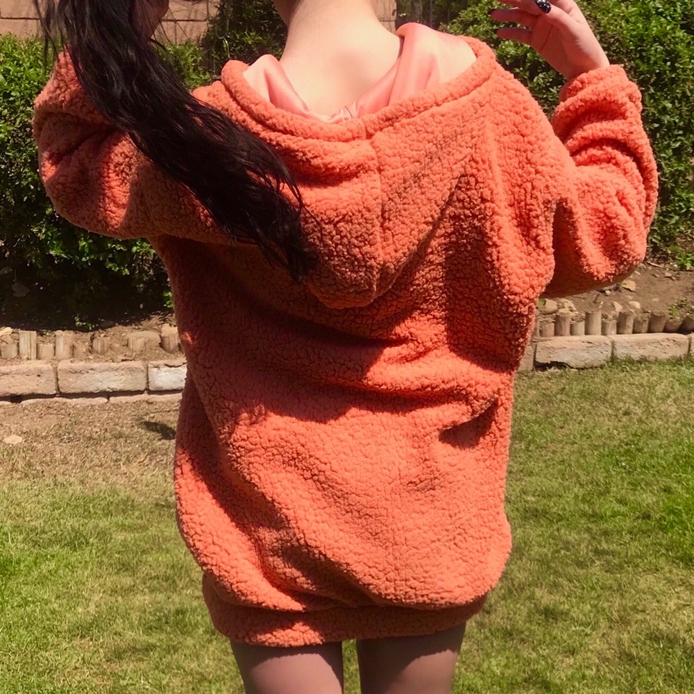 Baddieville Orange Y2K Soft Oversized Sherpa Hoodie Hooded Jacket Coat Dress - Picture 3 of 4